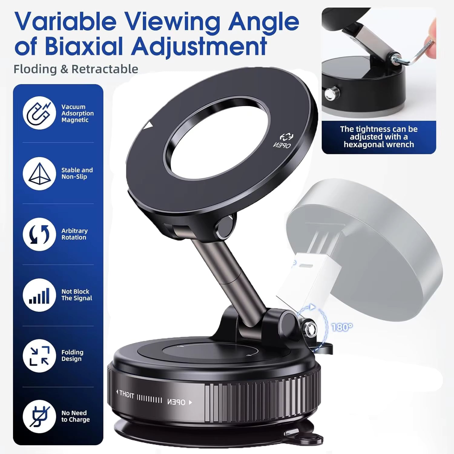 Vacuum Magnetic Mobile Holder for 360° Adjustable, Pocket Size Foldable